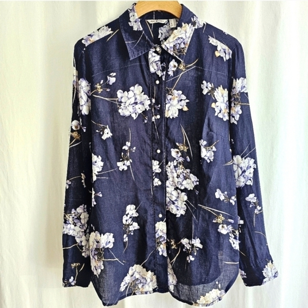 Punt Roma Navy Blue Floral Print Linen Blouse